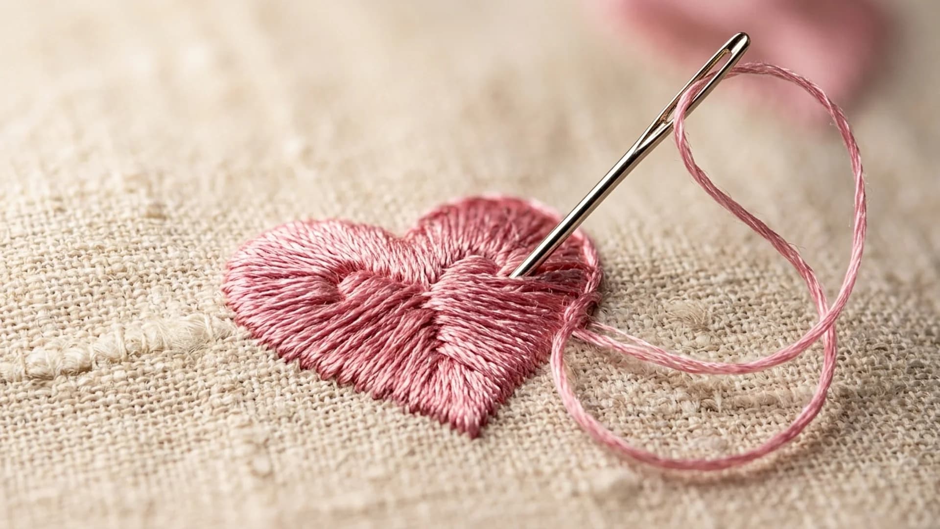 Cœur brodé au fil rose avec aiguille de couture et fil en gros plan