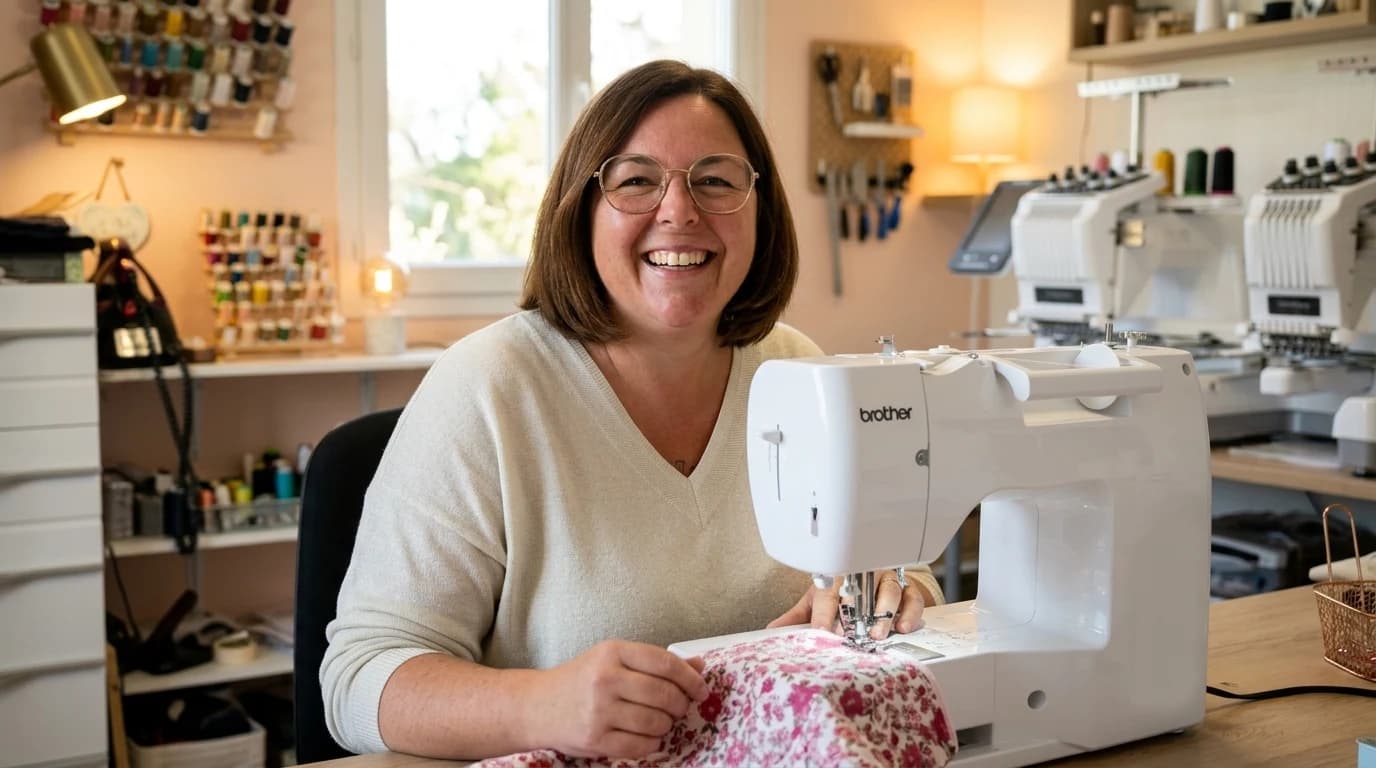 Sandrine réalisant des ourlets et retouches de précision dans son atelier en Normandie