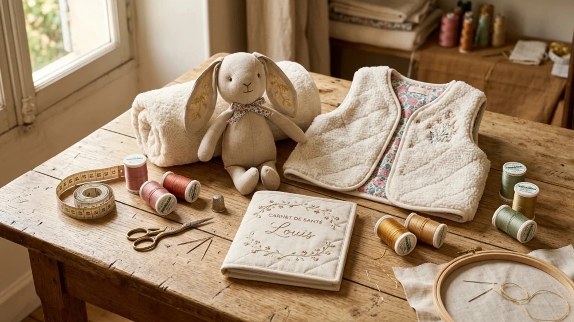 Étalage de créations textiles artisanales pour particuliers par Sandrine Couture à Robertot : doudou lapin brodé, gilet sherpa et carnet de santé